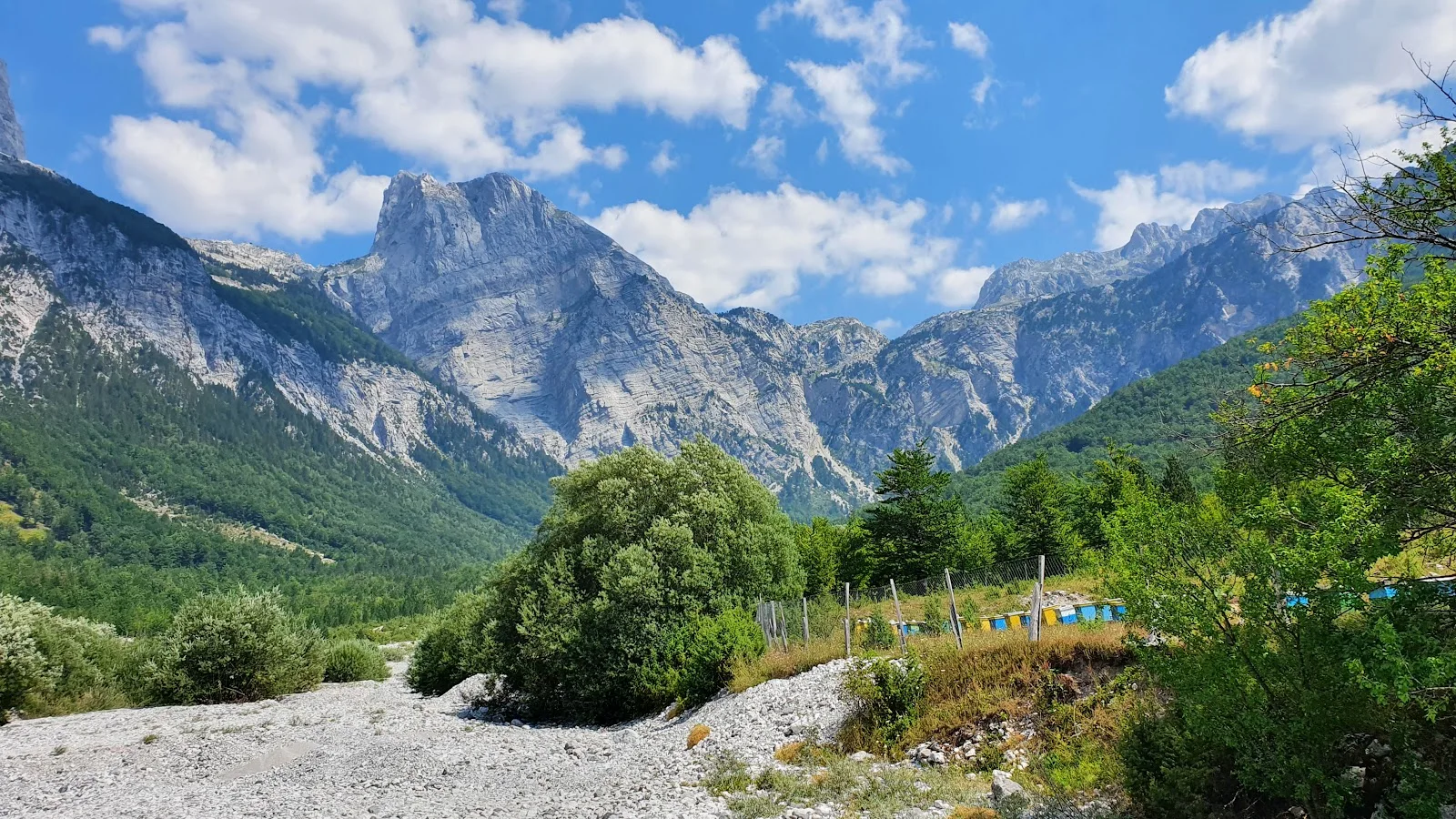 Stone houses of Theth village spread across the valley beneath the Albanian Alps