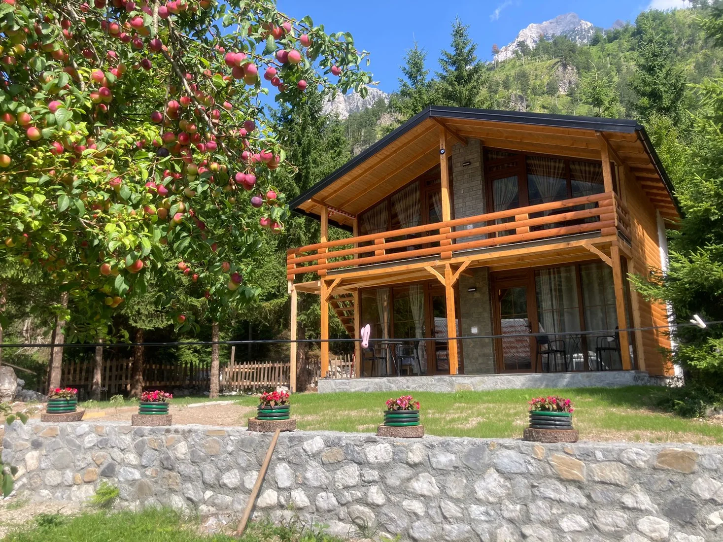 Balconied timber-and-stone chalet behind a fruit tree below the peaks at Bujtina Arturi in Valbona